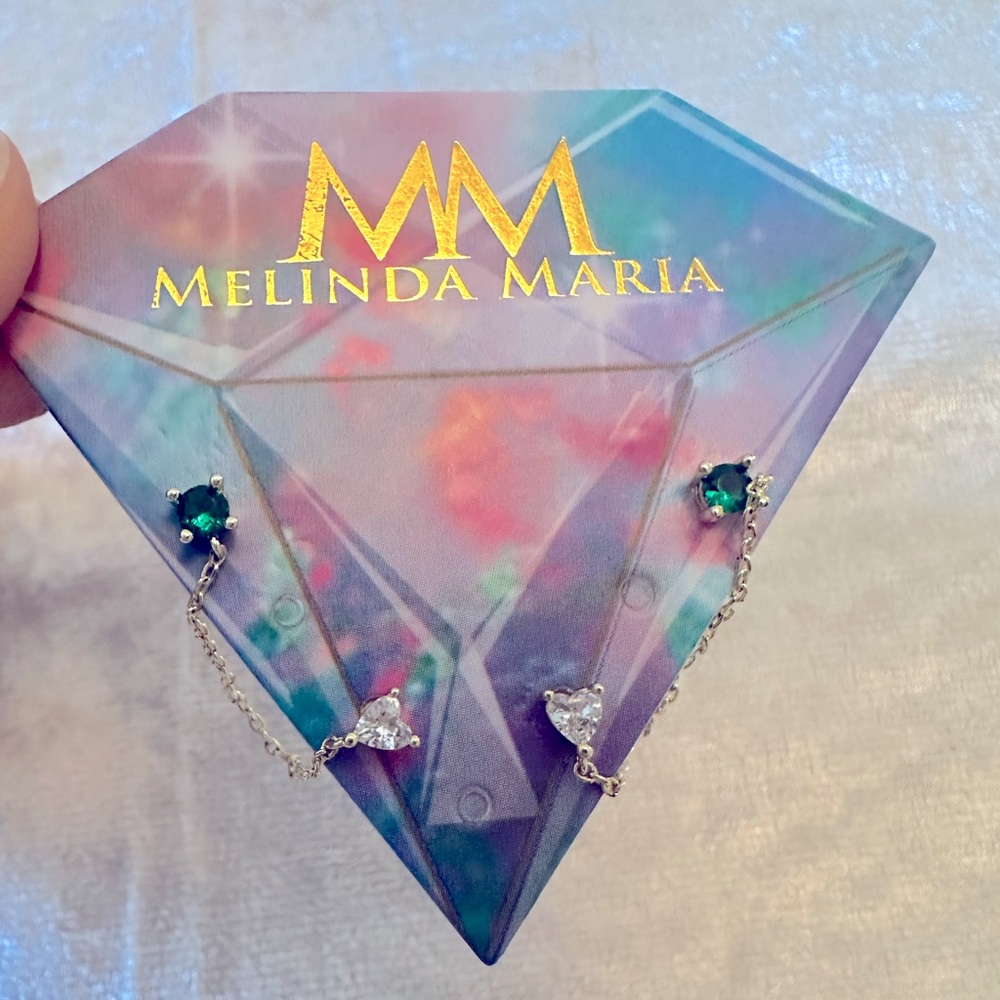 NWT in box stunning Malinda Maria double chain earrings. Diamond and emerald.